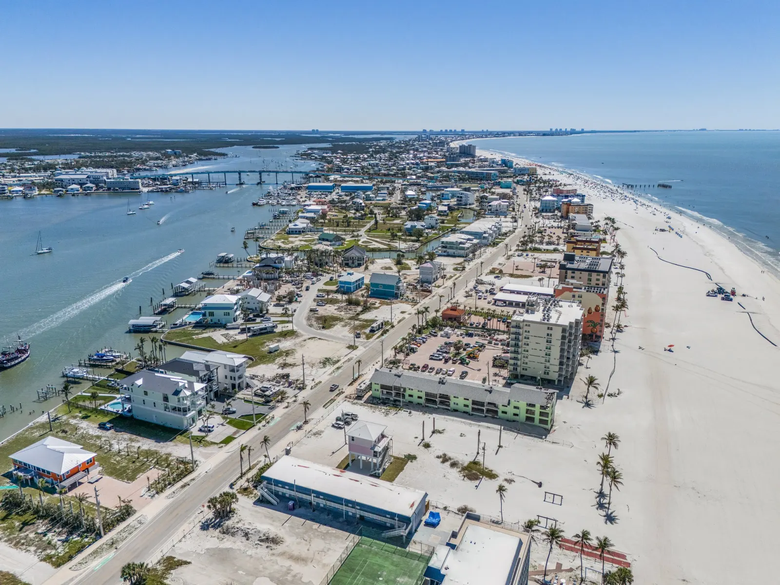 Aerial bay context at The Flamingo, a custom home built by Marvin Homes in Fort Myers Beach, Florida