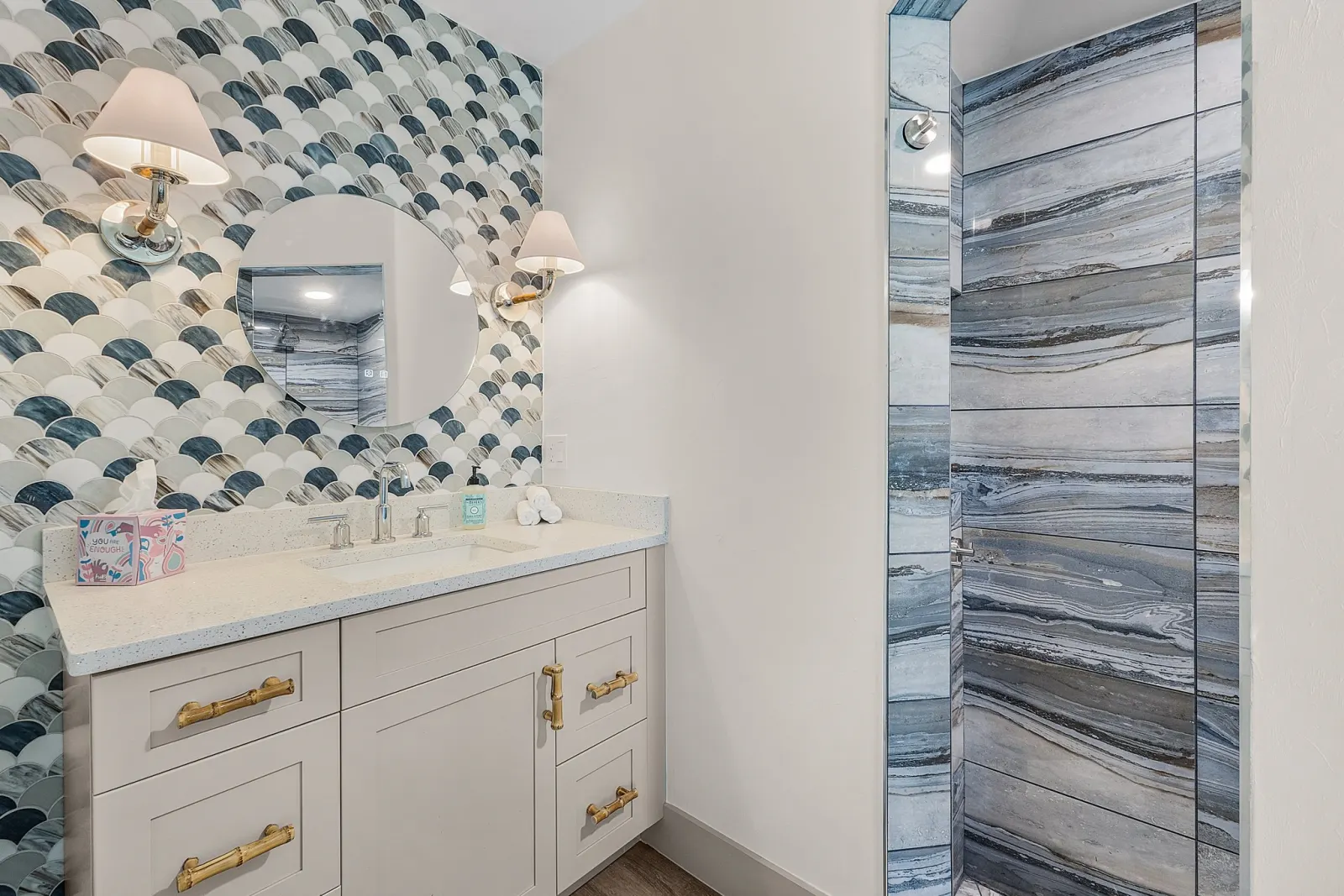 Bathroom scallop tile at The Flamingo, a custom home built by Marvin Homes in Fort Myers Beach, Florida