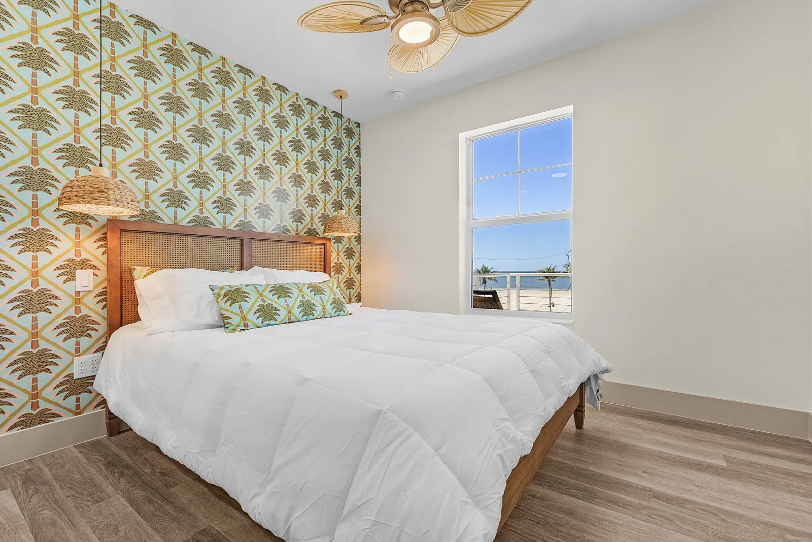 Bedroom palm trellis at The Flamingo, a custom home built by Marvin Homes in Fort Myers Beach, Florida