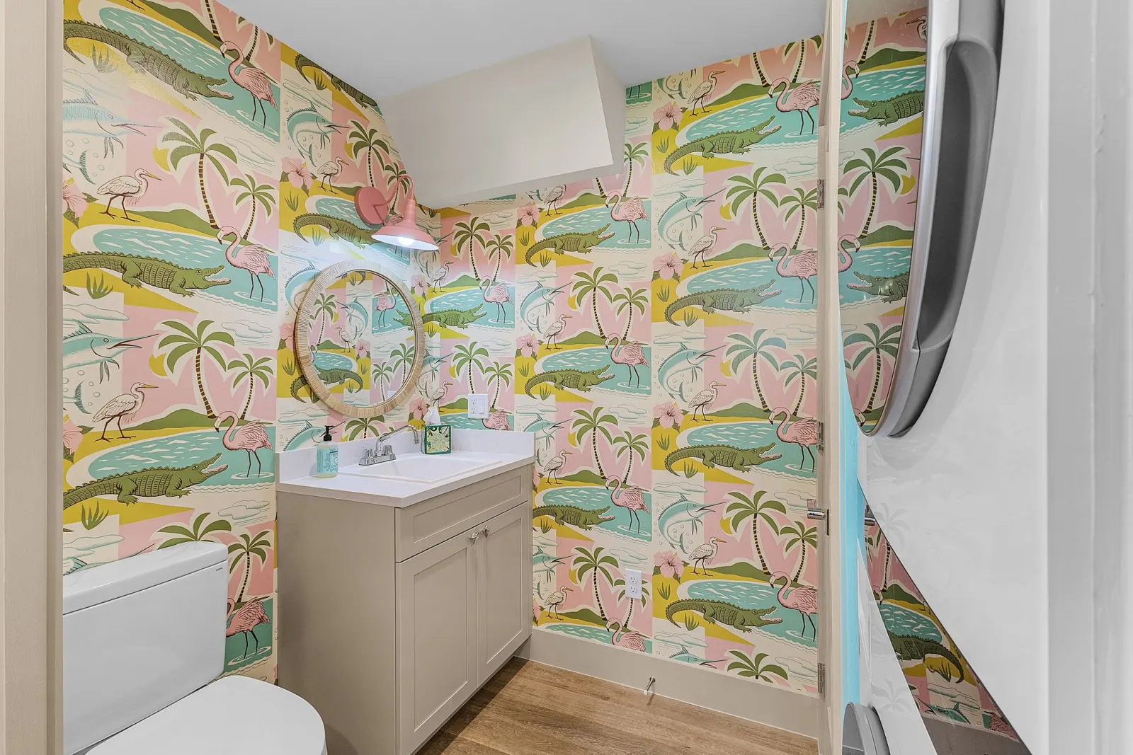 Powder bath wallpaper at The Flamingo, a custom home built by Marvin Homes in Fort Myers Beach, Florida