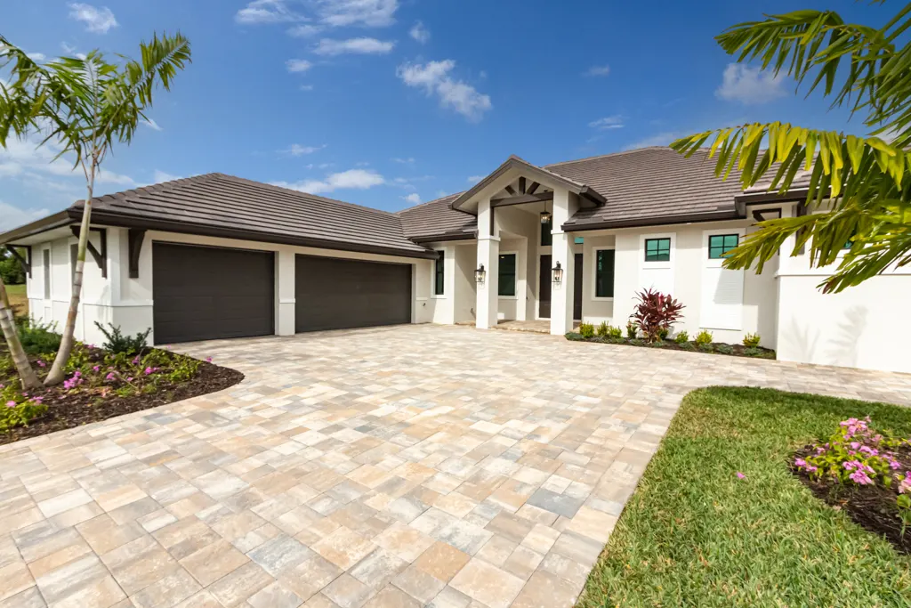 Exterior front close at The Heron House, a custom home built by Marvin Homes in Naples, Florida