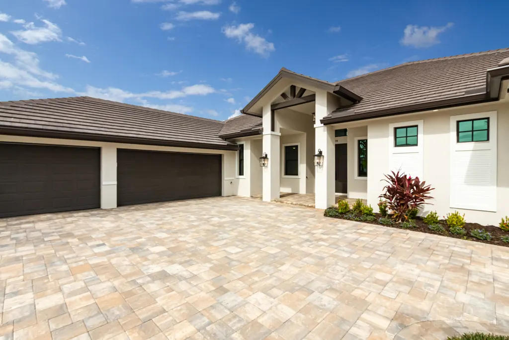 Exterior front close at The Heron House, a custom home built by Marvin Homes in Naples, Florida