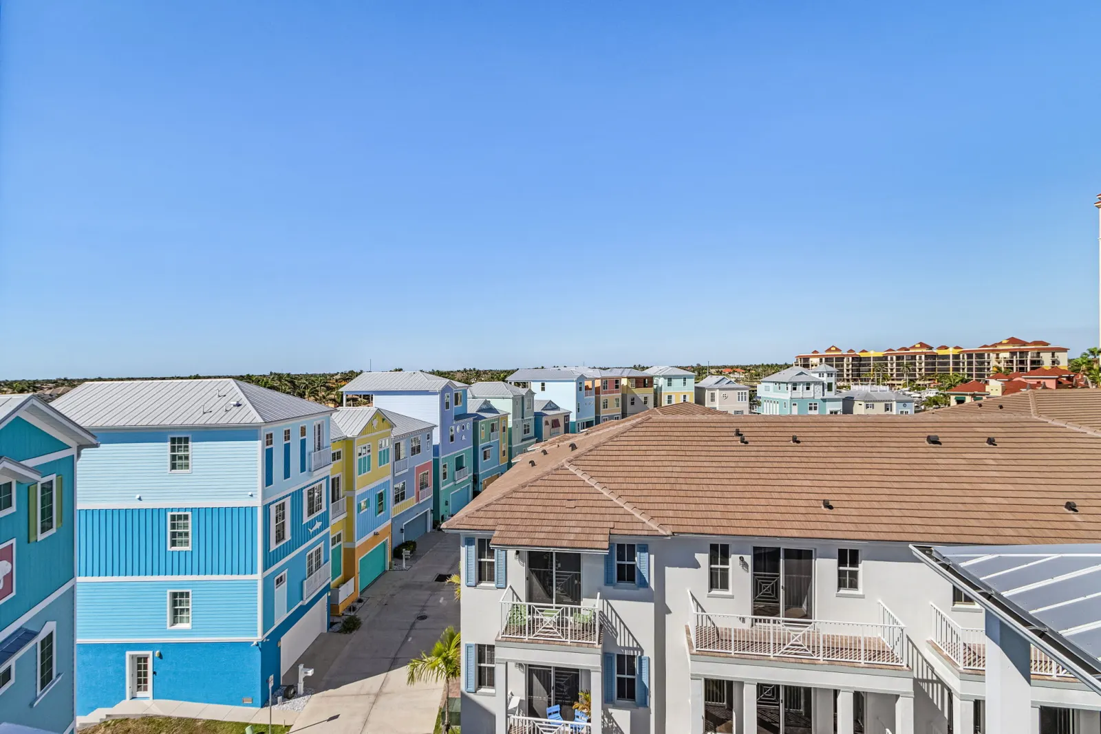 Aerial neighborhood rooftops at The Marlin, a custom home built by Marvin Homes in Cape Coral, Florida
