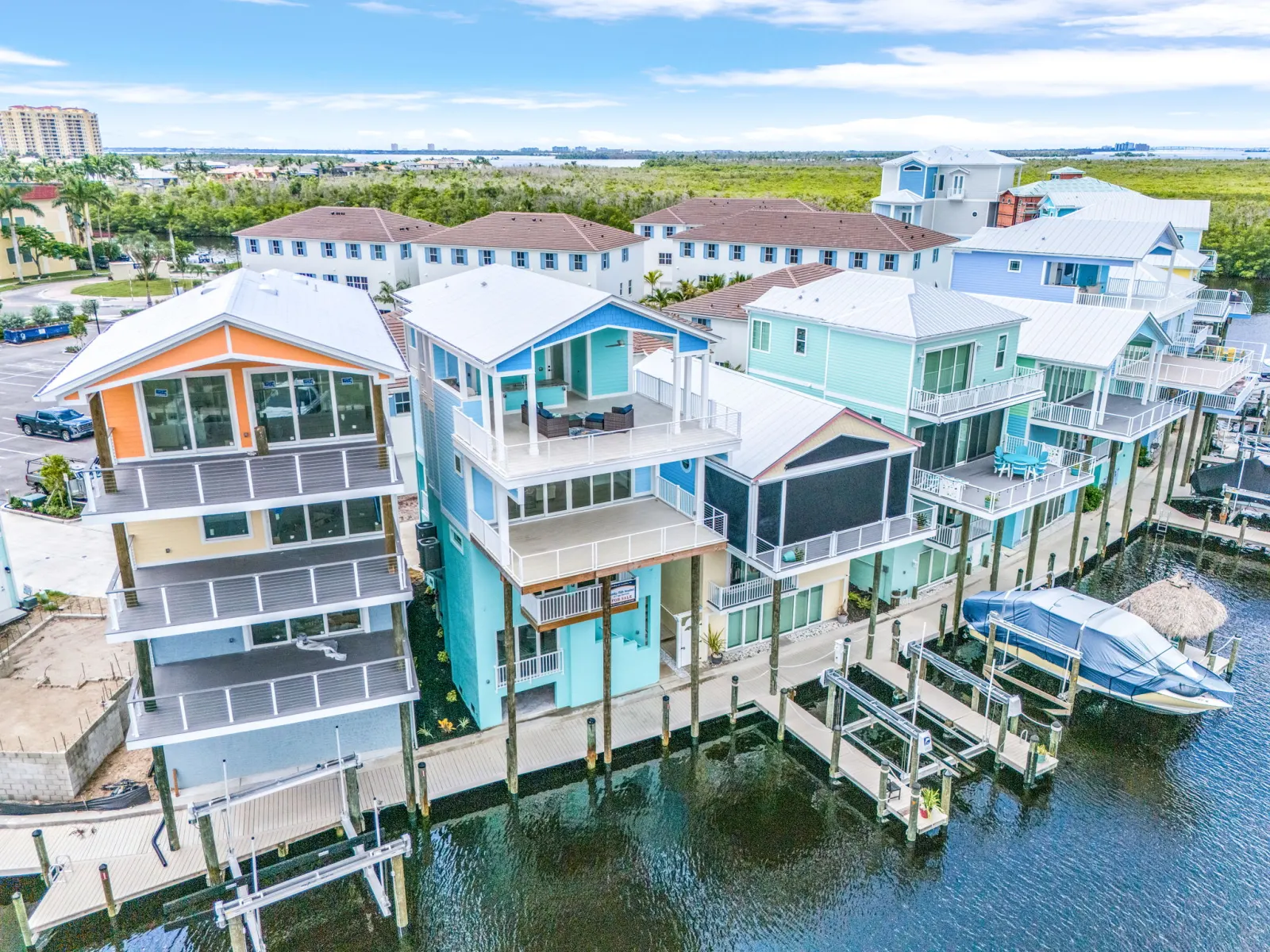 Aerial house closeup at The Octopus, a custom home built by Marvin Homes in Cape Coral, Florida