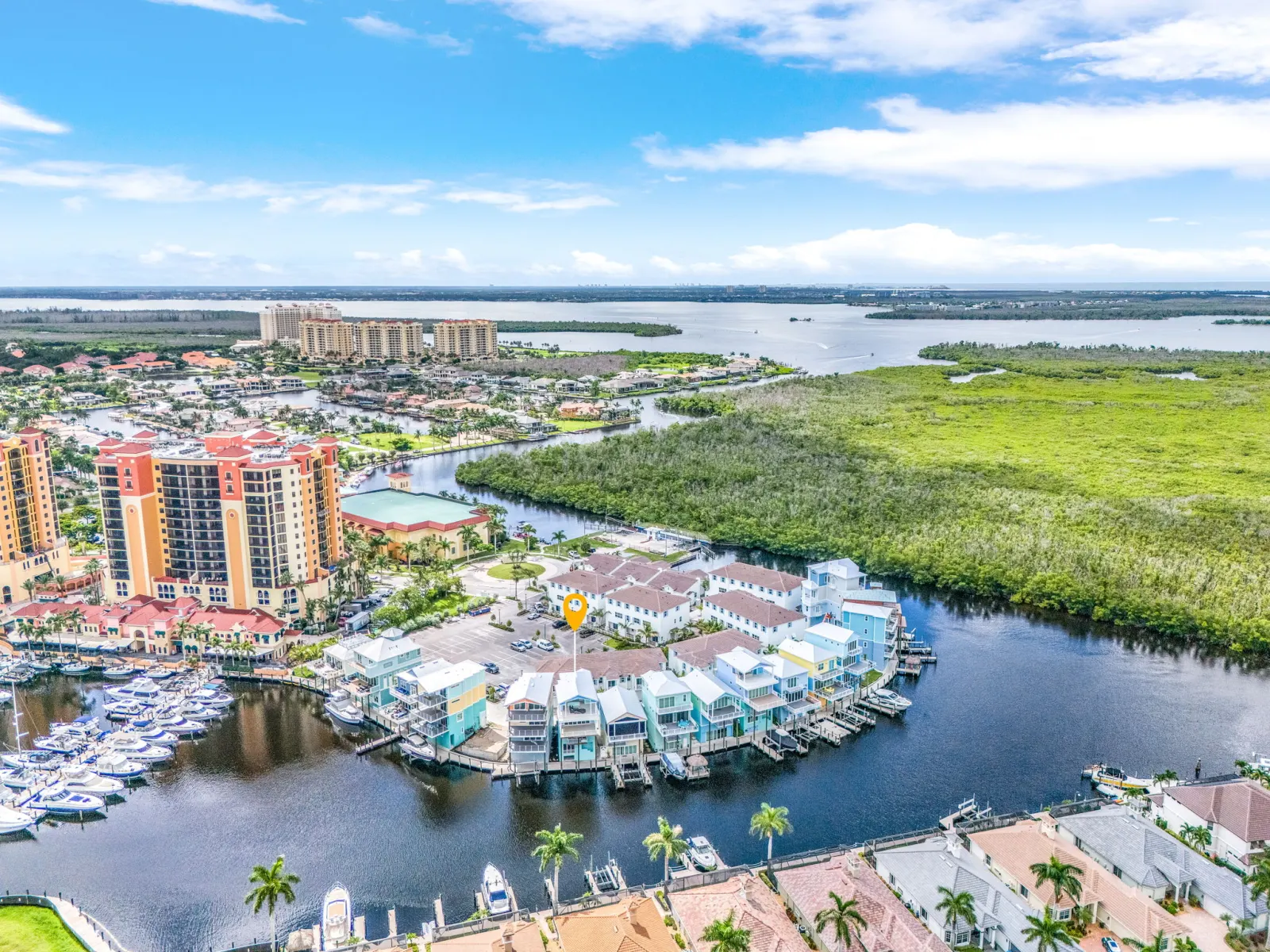 Aerial peninsula wide at The Octopus, a custom home built by Marvin Homes in Cape Coral, Florida