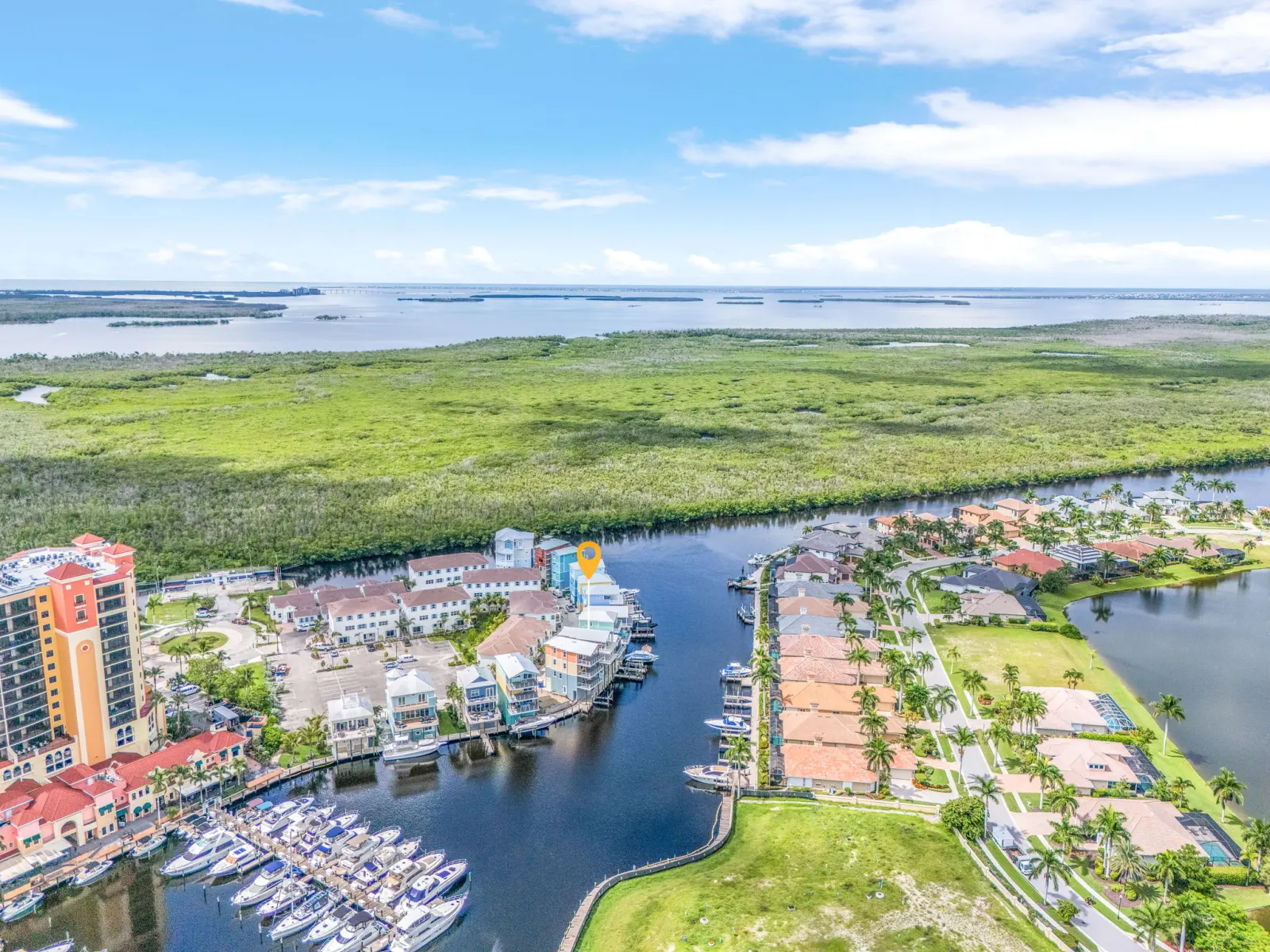 Aerial pin channel view at The Octopus, a custom home built by Marvin Homes in Cape Coral, Florida
