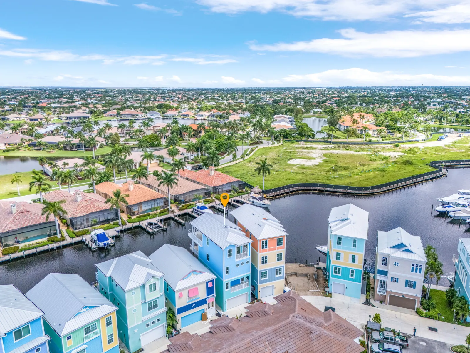 Aerial pin wide view at The Octopus, a custom home built by Marvin Homes in Cape Coral, Florida
