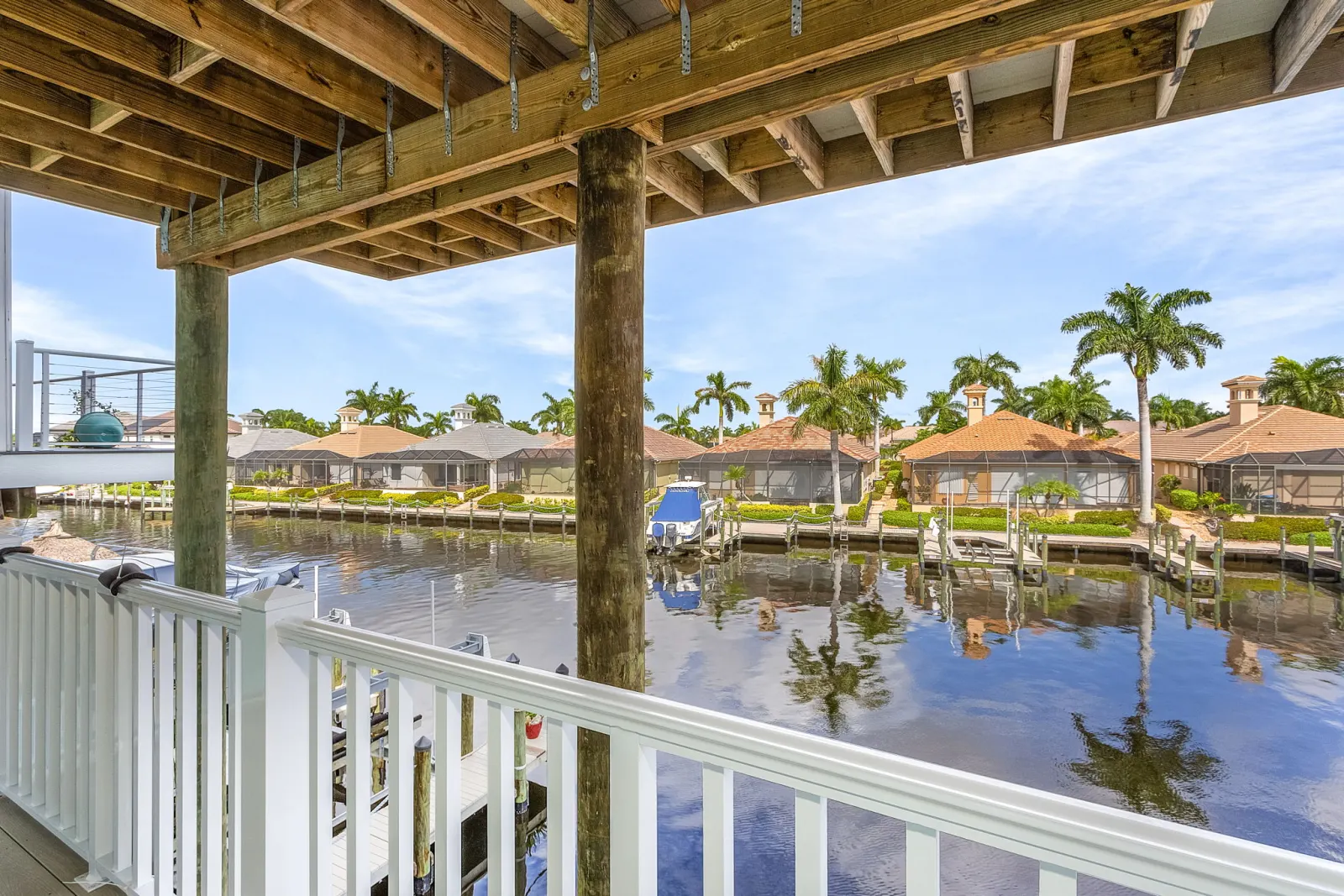 Dock view under construction at The Octopus, a custom home built by Marvin Homes in Cape Coral, Florida