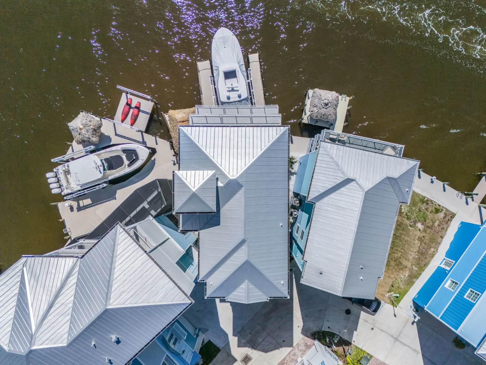 Aerial rooftop birdseye at Pelican's Perch, a custom home built by Marvin Homes in Cape Coral, Florida